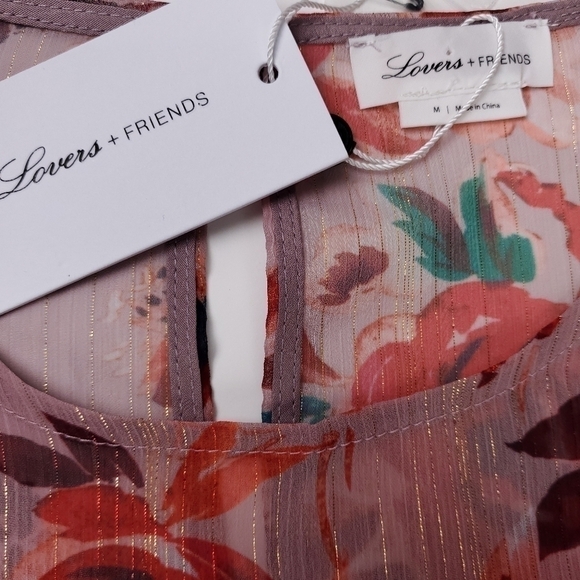 New Lovers + Friends Pink Floral Gold Metallic Stripe Sheer Ruff… - Picture 8 of 16